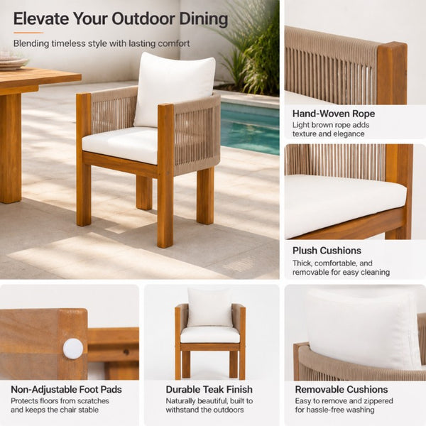 English Elm 7‑Piece Solid Acacia Outdoor Dining Set with Slatted Table and Rope Woven Arm Chairs N762P371718D_N762P506194D3
