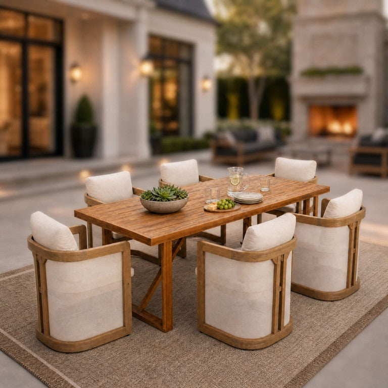 English Elm 7‑Piece Outdoor Acacia Wood Dining Set with Expandable Table and Cushioned Armchairs 67" Rectangular Natural N762P371718D_N762P522750N3