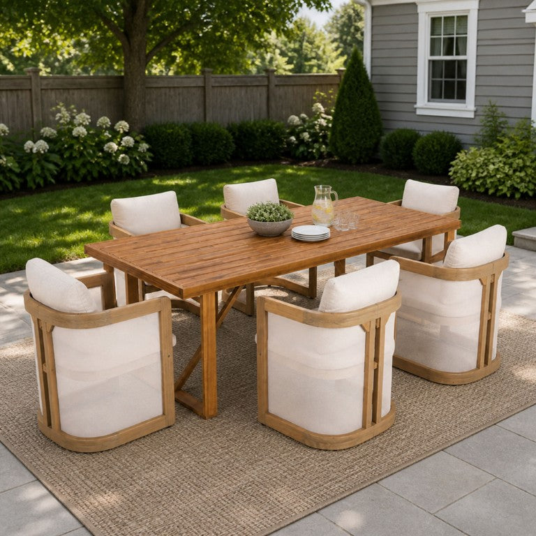 English Elm 7‑Piece Outdoor Acacia Wood Dining Set with Expandable Table and Cushioned Armchairs 67" Rectangular Natural N762P371718D_N762P522750N3