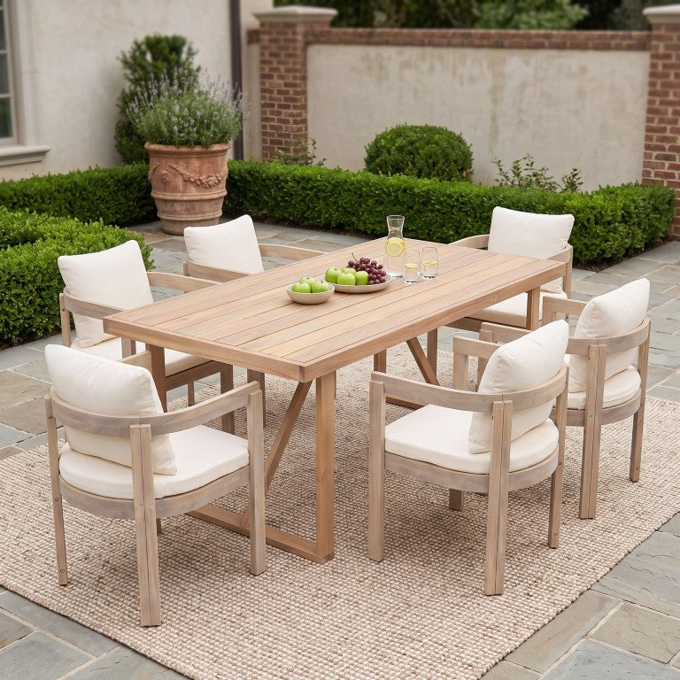 English Elm 7‑Piece Acacia Wood Outdoor Dining Set with Slatted Table and Six Barrel Arm Chairs N762P371718K_N762P380633K3
