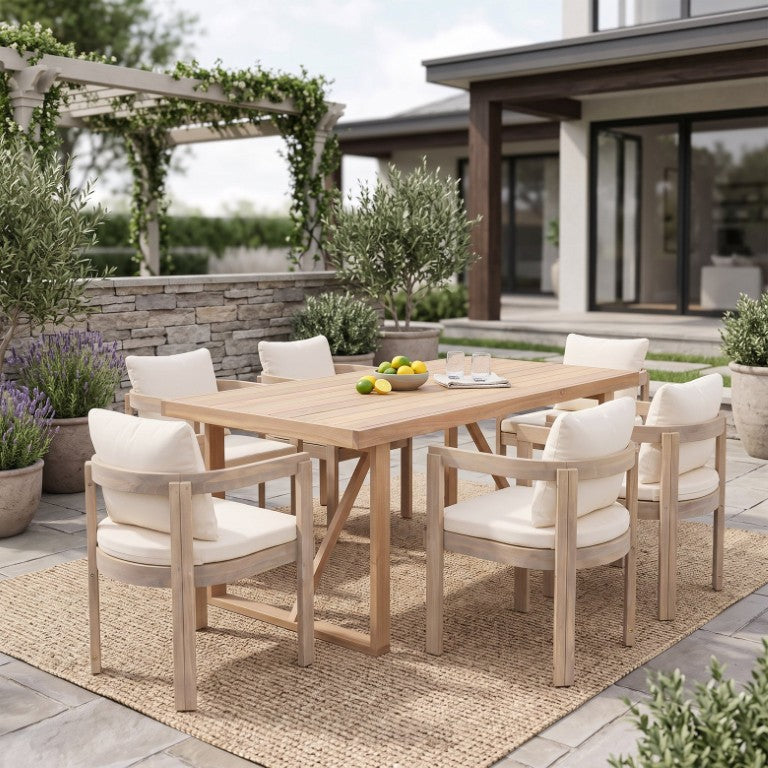 English Elm 7‑Piece Acacia Wood Outdoor Dining Set with Slatted Table and Six Barrel Arm Chairs N762P371718K_N762P380633K3