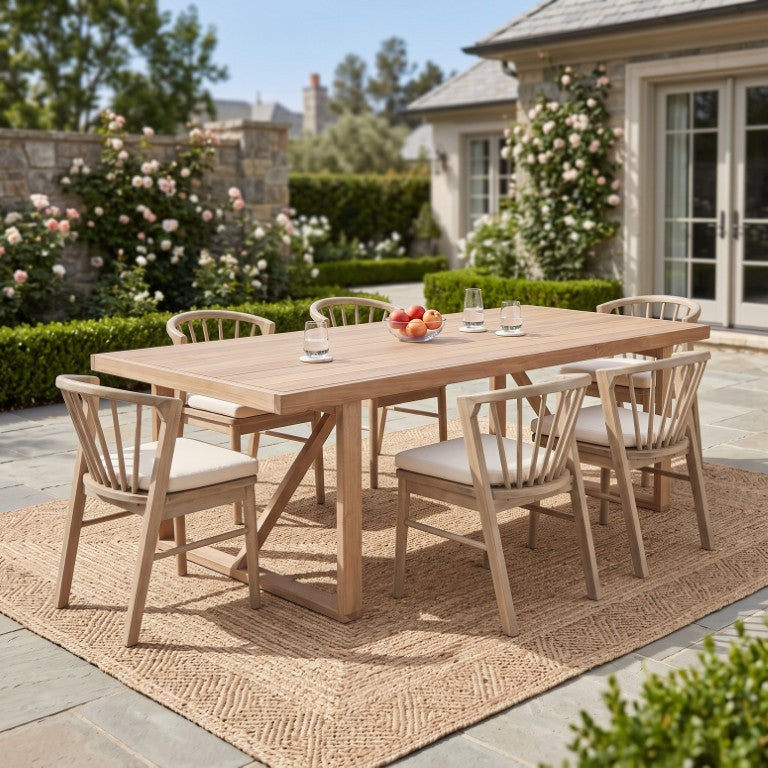 English Elm 7-Piece Outdoor Acacia Wood Dining Set Slatted Table Six Cushioned Slat-Back Chairs N762P371718K_N762P389932K3