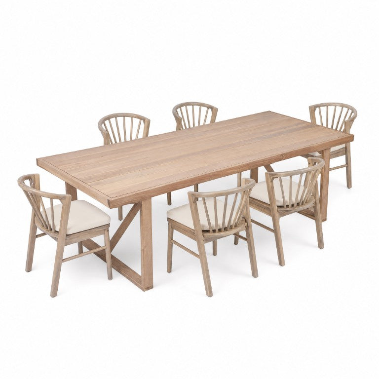 English Elm 7-Piece Outdoor Acacia Wood Dining Set Slatted Table Six Cushioned Slat-Back Chairs N762P371718K_N762P389932K3