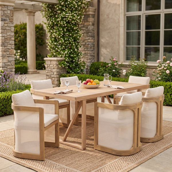 English Elm 7‑Piece Solid Acacia Outdoor Dining Set Slatted Table Six Armchairs Garden Patio N762P371718K_N762P522750N3