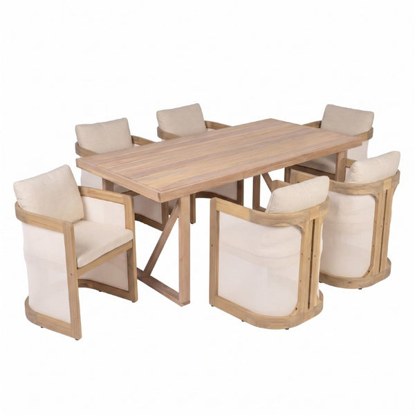 English Elm 7‑Piece Solid Acacia Outdoor Dining Set Slatted Table Six Armchairs Garden Patio N762P371718K_N762P522750N3