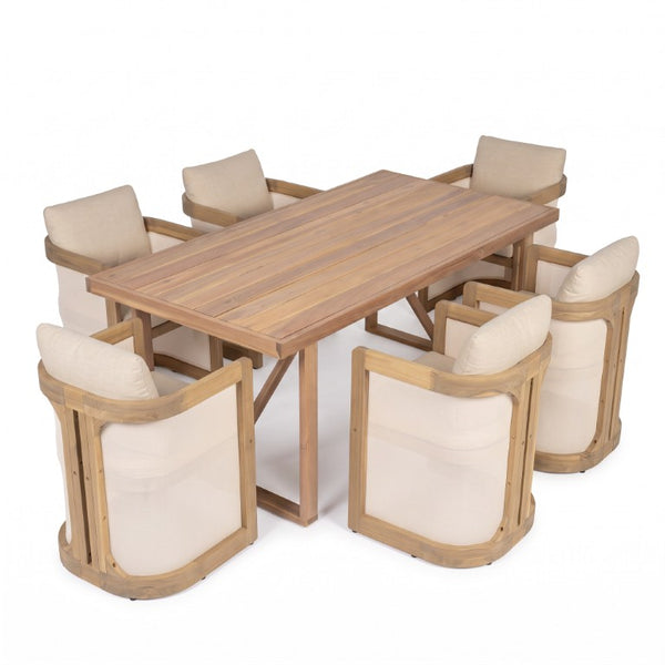 English Elm 7‑Piece Solid Acacia Outdoor Dining Set Slatted Table Six Armchairs Garden Patio N762P371718K_N762P522750N3