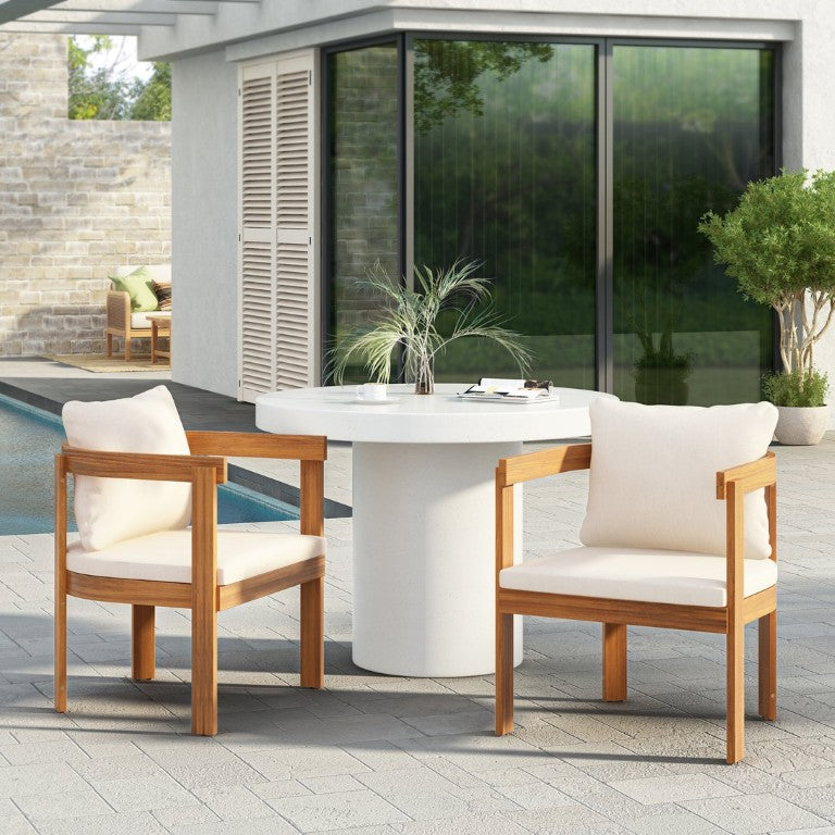 English Elm Acacia Wood Barrel Dining Chairs Set of 2 Outdoor Teak Finish with Cream Cushions N762P380633A