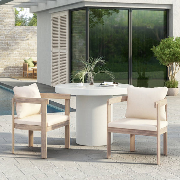 English Elm Acacia Wood Outdoor Barrel Armchairs Set of 2 with Cream Cushions for Patio Garden N762P380633K