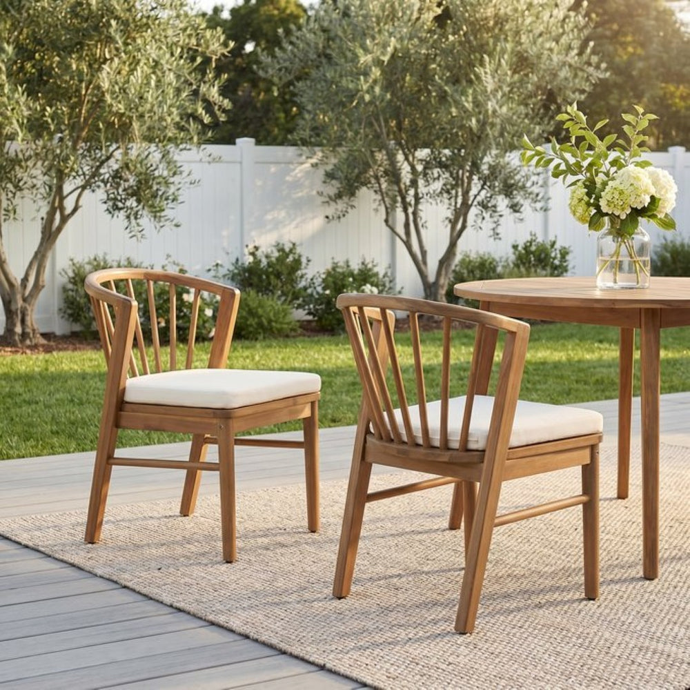 English Elm Outdoor Acacia Wood Windsor Spindle Back Dining Chairs with Washable Cushions Patio Set Teak N762P389932A