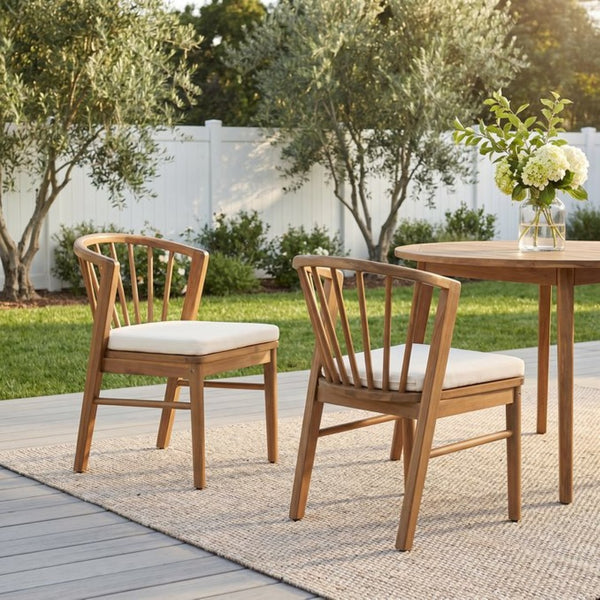 English Elm Outdoor Acacia Wood Windsor Spindle Back Dining Chairs with Washable Cushions Patio Set Teak N762P389932A