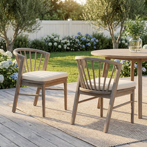 English Elm Outdoor Acacia Wood Windsor Spindle Back Dining Chairs with Washable Cushions Patio Set Light White N762P389932K