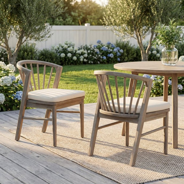English Elm Outdoor Acacia Wood Windsor Spindle Back Dining Chairs with Washable Cushions Patio Set Light White N762P389932K