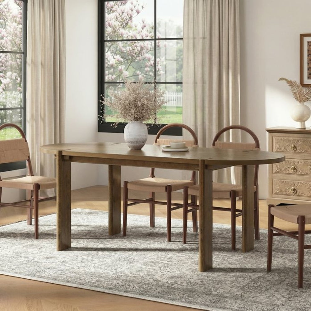English Elm Modern Oval Walnut Dining Table Seats Six with Rubberwood Pedestal Base Mid Century N762P396360D