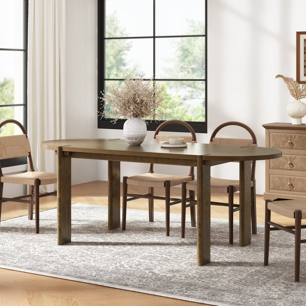 English Elm Modern Oval Walnut Dining Table Seats Six with Rubberwood Pedestal Base Mid Century N762P396360D
