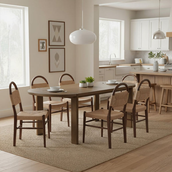 English Elm 7 Piece Oval Rubberwood Dining Set Seats Six with Woven Cord Chairs Walnut Finish N762P396360D_N762P368575W3