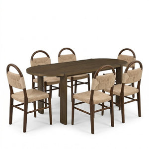 English Elm 7 Piece Oval Rubberwood Dining Set Seats Six with Woven Cord Chairs Walnut Finish N762P396360D_N762P368575W3