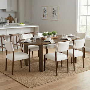 English Elm 7 Piece Oval Rubberwood Dining Set Seats Six with Beige Upholstered Chairs Walnut Finish N762P396360D_N762P411382A6