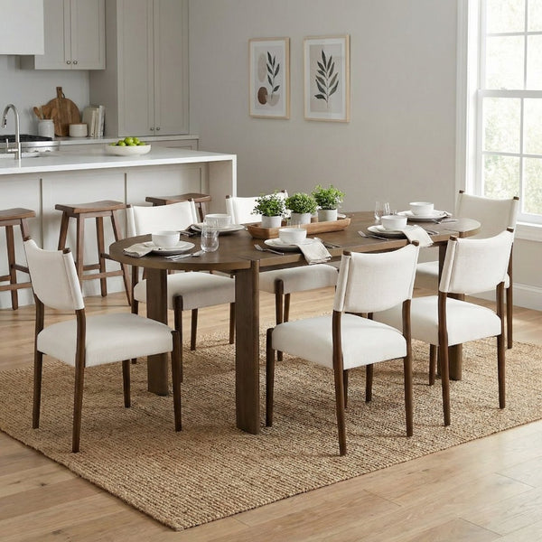 English Elm 7 Piece Oval Rubberwood Dining Set Seats Six with Beige Upholstered Chairs Walnut Finish N762P396360D_N762P411382A6