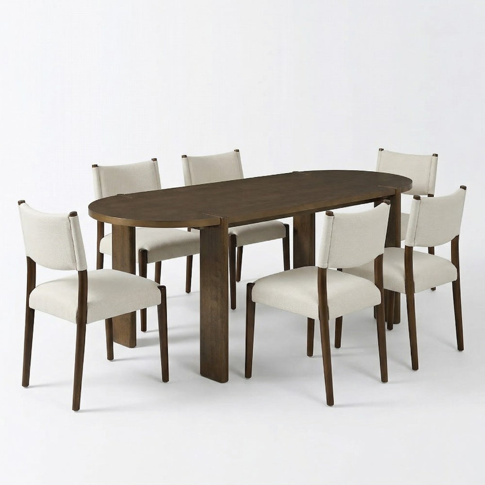 English Elm 7 Piece Oval Rubberwood Dining Set Seats Six with Beige Upholstered Chairs Walnut Finish N762P396360D_N762P411382A6