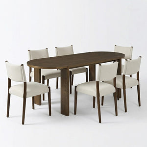 English Elm 7 Piece Oval Rubberwood Dining Set Seats Six with Beige Upholstered Chairs Walnut Finish N762P396360D_N762P411382A6