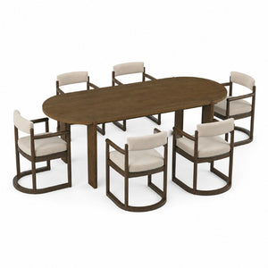 English Elm 7‑Piece Mid-Century Oval Rubberwood Dining Set with Cantilever Arm Chairs Walnut Finish N762P396360D_N762P412255D3