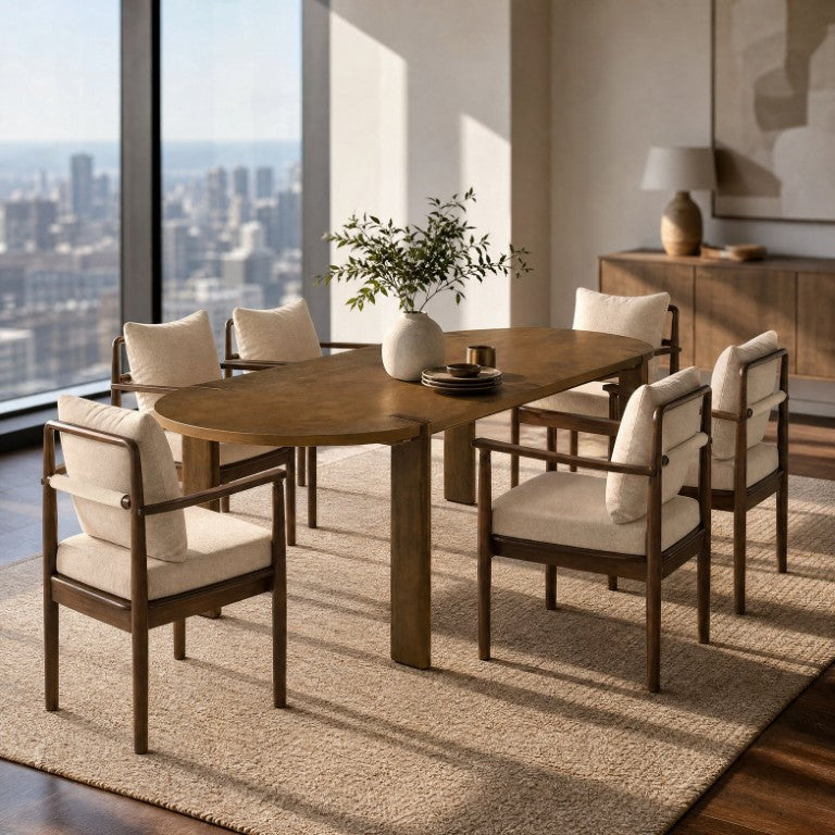 English Elm 7‑Piece Oval Rubberwood Dining Set with Walnut Finish and Six Cushioned Arm Chairs N762P396360D_N762P412259D3