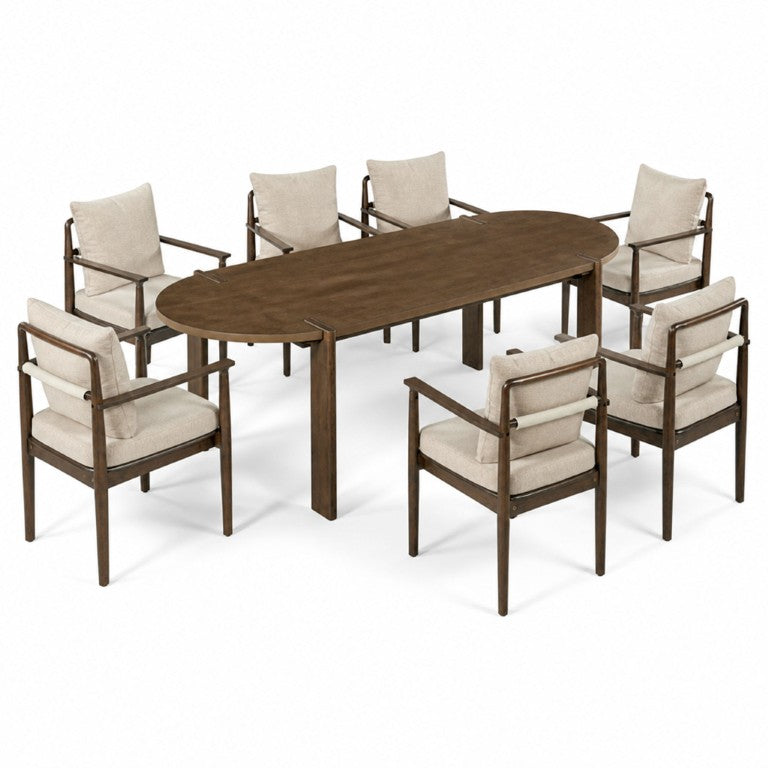 English Elm 7‑Piece Oval Rubberwood Dining Set with Walnut Finish and Six Cushioned Arm Chairs N762P396360D_N762P412259D3