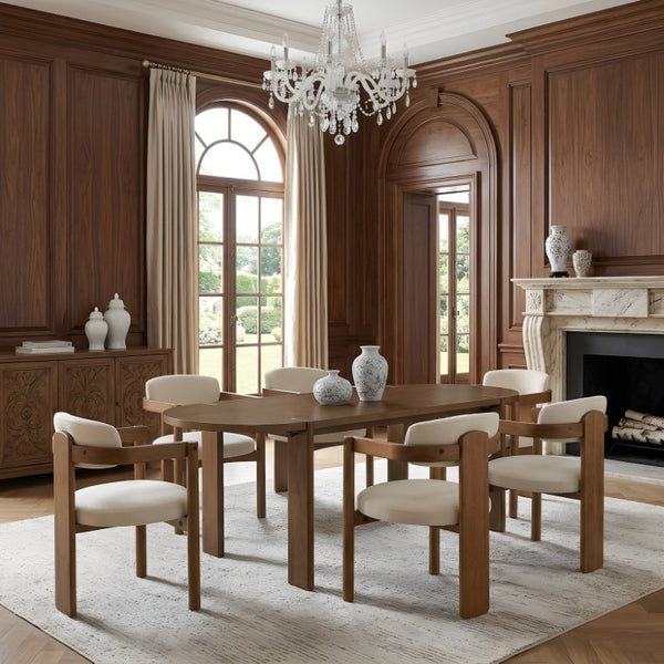 English Elm 7 Piece Farmhouse Dining Set Solid Rubberwood Table with Six Upholstered Arm Chairs Oval Beige N762P396360D_N762P446221D6