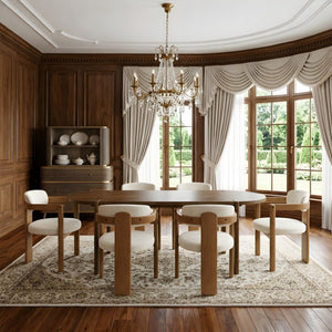 English Elm 7 Piece Farmhouse Dining Set Solid Rubberwood Table with Six Upholstered Arm Chairs Oval Beige N762P396360D_N762P446221D6