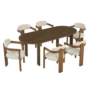 English Elm 7 Piece Farmhouse Dining Set Solid Rubberwood Table with Six Upholstered Arm Chairs Oval Beige N762P396360D_N762P446221D6