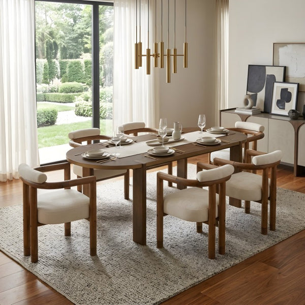 English Elm 7 Piece Farmhouse Dining Set Solid Rubberwood Table with Six Upholstered Arm Chairs Oval Dark Brown N762P396360D_N762P446251D6