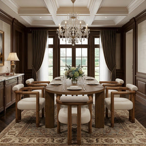 English Elm 7 Piece Farmhouse Dining Set Solid Rubberwood Table with Six Upholstered Arm Chairs Oval Dark Brown N762P396360D_N762P446251D6
