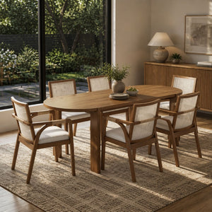 English Elm 7‑Piece Solid Wood Dining Set Seats Six with Woven Backrest and Upholstered Arm Chairs Beige, Walnut Fabric, Plywood, Rubber Wood N762P396360D_N762P472720D3