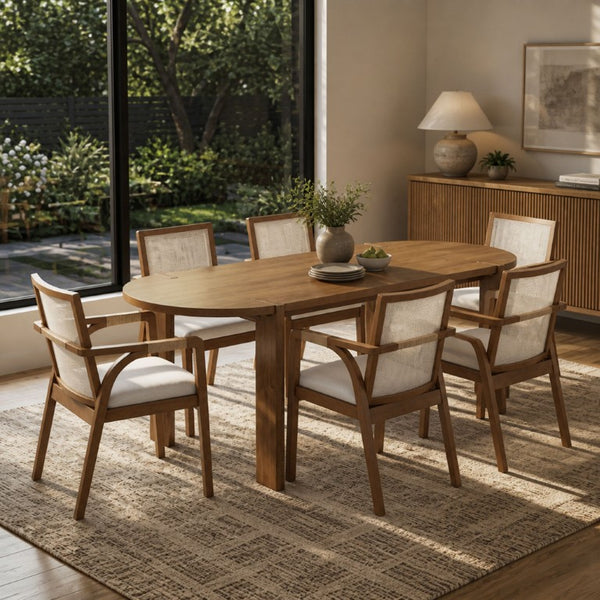 English Elm 7‑Piece Solid Wood Dining Set Seats Six with Woven Backrest and Upholstered Arm Chairs Beige, Walnut Fabric, Plywood, Rubber Wood N762P396360D_N762P472720D3