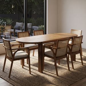 English Elm 7‑Piece Solid Wood Dining Set Seats Six with Woven Backrest and Upholstered Arm Chairs Beige, Walnut Fabric, Plywood, Rubber Wood N762P396360D_N762P472720D3