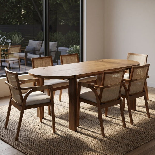 English Elm 7‑Piece Solid Wood Dining Set Seats Six with Woven Backrest and Upholstered Arm Chairs Beige, Walnut Fabric, Plywood, Rubber Wood N762P396360D_N762P472720D3