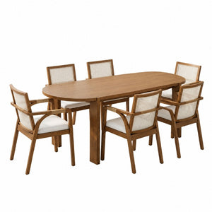 English Elm 7‑Piece Solid Wood Dining Set Seats Six with Woven Backrest and Upholstered Arm Chairs Beige, Walnut Fabric, Plywood, Rubber Wood N762P396360D_N762P472720D3