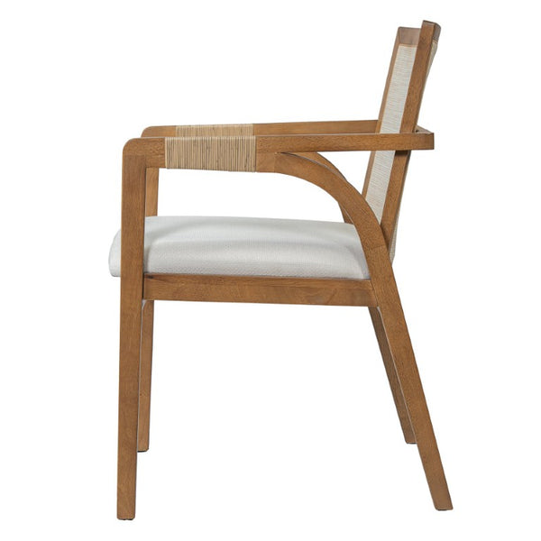 English Elm 7‑Piece Solid Wood Dining Set Seats Six with Woven Backrest and Upholstered Arm Chairs Beige, Walnut Fabric, Plywood, Rubber Wood N762P396360D_N762P472720D3