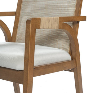 English Elm 7‑Piece Solid Wood Dining Set Seats Six with Woven Backrest and Upholstered Arm Chairs Beige, Walnut Fabric, Plywood, Rubber Wood N762P396360D_N762P472720D3