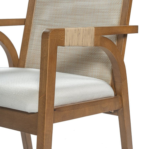 English Elm 7‑Piece Solid Wood Dining Set Seats Six with Woven Backrest and Upholstered Arm Chairs Beige, Walnut Fabric, Plywood, Rubber Wood N762P396360D_N762P472720D3