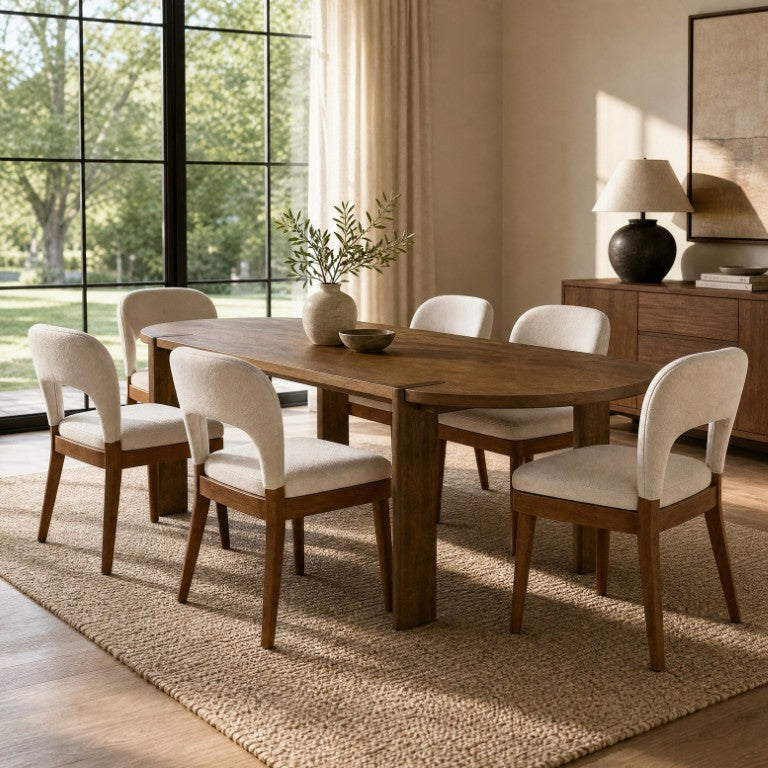 English Elm 7‑Piece Oval Rubber Wood Dining Set Walnut Finish Upholstered Chairs Modern Room N762P396360D_N762P472721D3