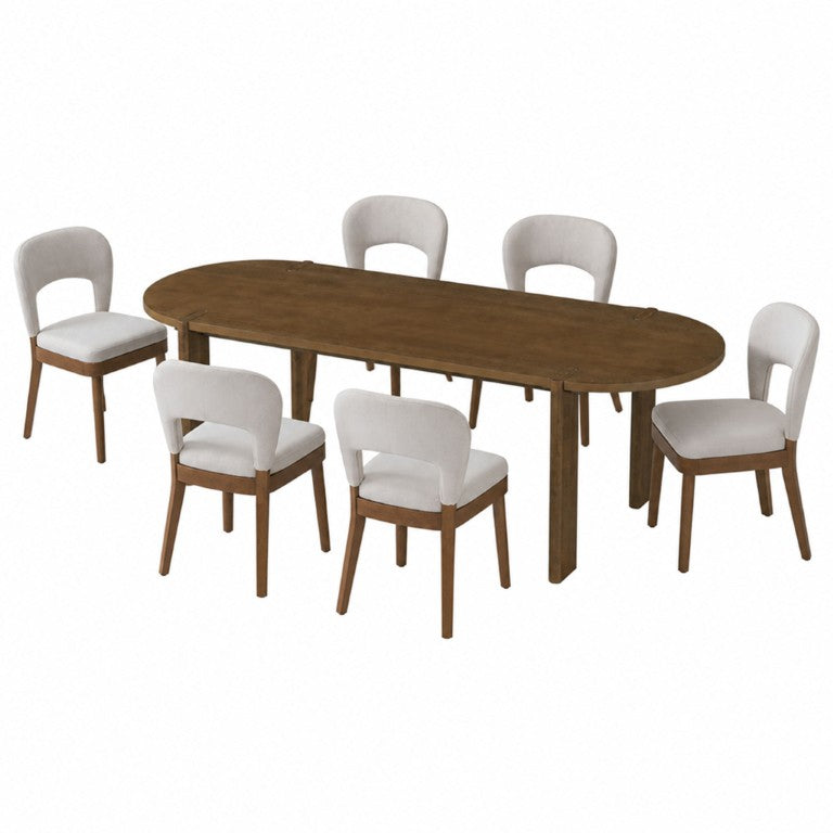 English Elm 7‑Piece Oval Rubber Wood Dining Set Walnut Finish Upholstered Chairs Modern Room N762P396360D_N762P472721D3