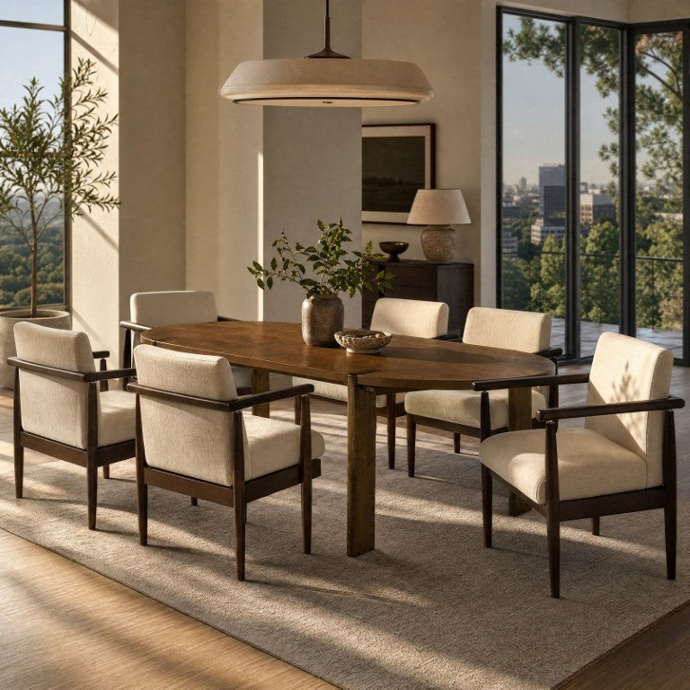 English Elm 7‑Piece Oval Rubberwood Dining Set with Walnut Finish and Six Beige Upholstered Armchairs N762P396360D_N762P472763A3