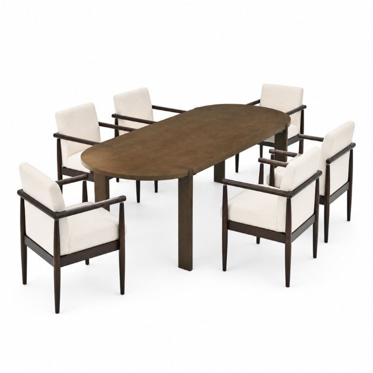 English Elm 7‑Piece Oval Rubberwood Dining Set with Walnut Finish and Six Beige Upholstered Armchairs N762P396360D_N762P472763A3