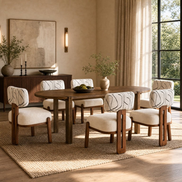 English Elm 7‑Piece Oval Rubberwood Dining Set Seats Eight with Bouclé Upholstered Armless Chairs N762P396360D_N762P472764D3