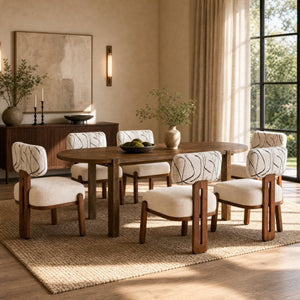 English Elm 7‑Piece Oval Rubberwood Dining Set Seats Eight with Bouclé Upholstered Armless Chairs N762P396360D_N762P472764D3