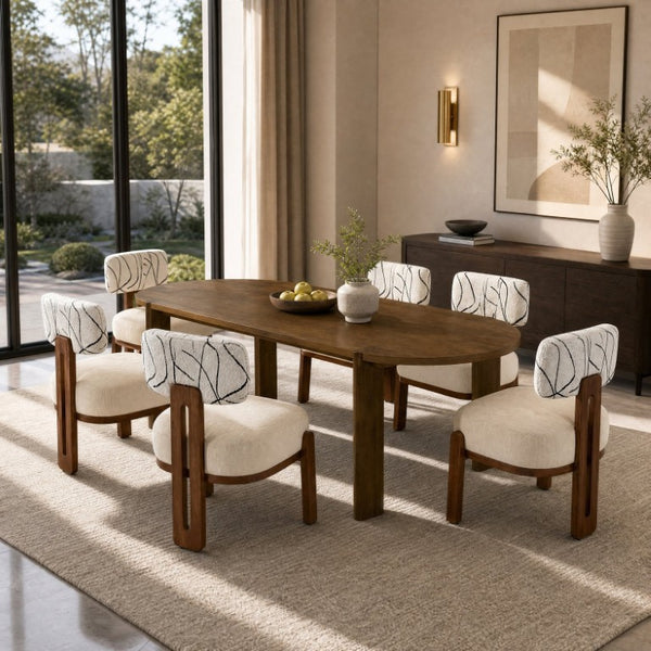 English Elm 7‑Piece Oval Rubberwood Dining Set Seats Eight with Bouclé Upholstered Armless Chairs N762P396360D_N762P472764D3