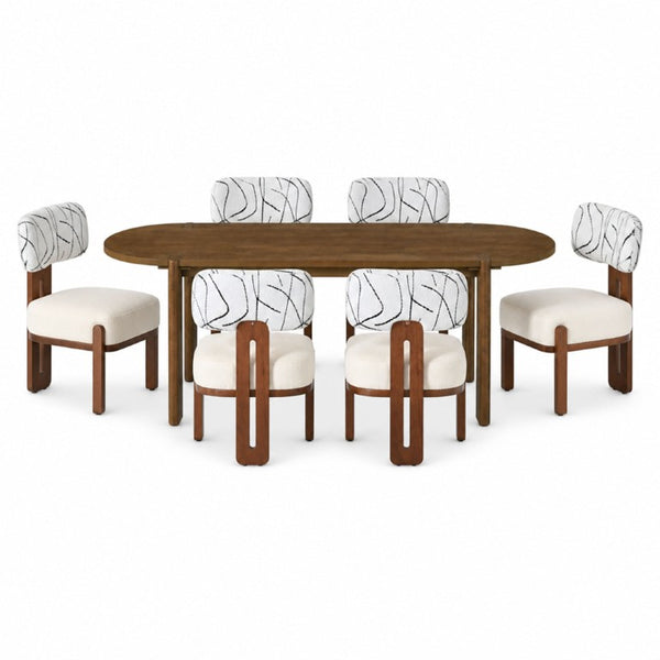 English Elm 7‑Piece Oval Rubberwood Dining Set Seats Eight with Bouclé Upholstered Armless Chairs N762P396360D_N762P472764D3