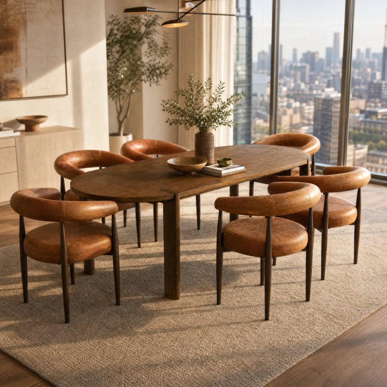 English Elm 7‑Piece Oval Walnut Rubber Wood Dining Set with Barrel Back PU Leather Chairs Seats Six N762P396360D_N762P492521G3