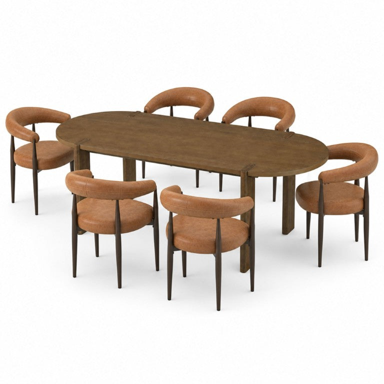 English Elm 7‑Piece Oval Walnut Rubber Wood Dining Set with Barrel Back PU Leather Chairs Seats Six N762P396360D_N762P492521G3